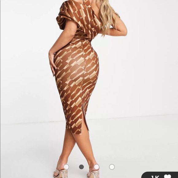 ASOS peekaboo shoulder tuck midi pencil dress in geo print. - Picture 2 of 2